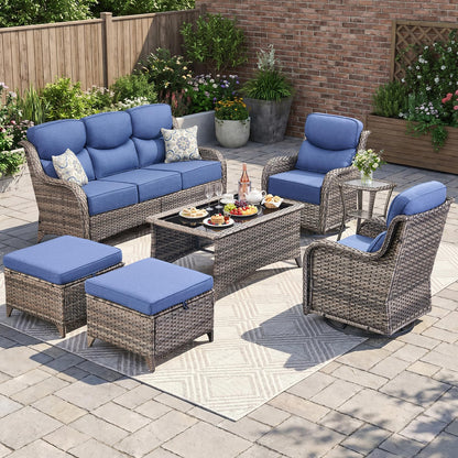 Luxury Patio Furniture Set with 6-inch Thick Cushion, Outdoor Furniture with Fire Pit Table, Swivel Chairs, Sofa, Side Table, Ottomans, 9pcs Wicker Conversation Set(Brown Wicker | Grey Cushion)
