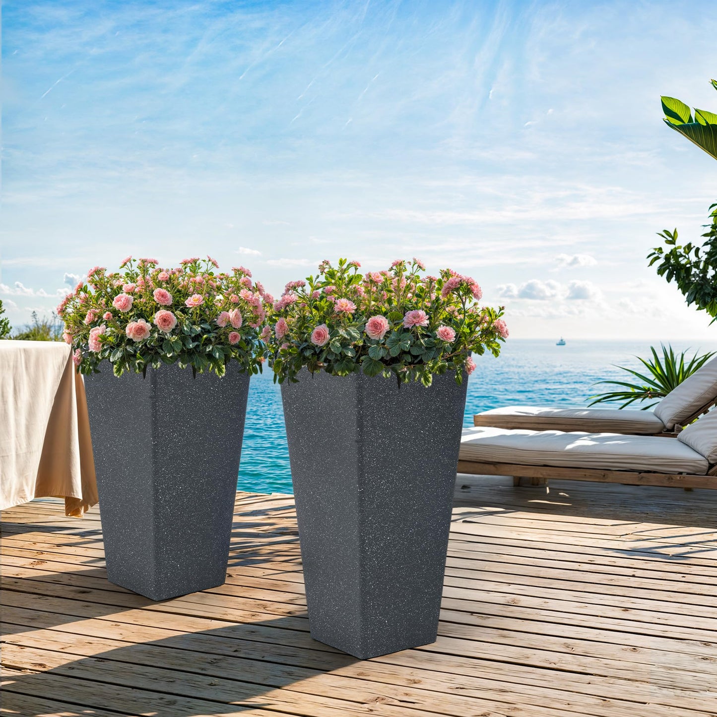 Autodaya 22" Urn Planters Outdoor Planter for Plants Set of 2 Timeless Plastic Large Flower Pot with Drainage Hole Terrazzo White Garden Pots for Porch, Patio Christmas Decor