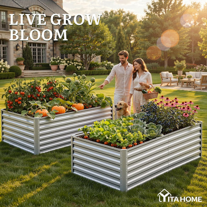 YITAHOME 6pcs 8x4x2 ft Galvanized Raised Garden Bed Kit, Large Metal Planter Box with Gloves, Safety Rubber & Support Rod, Outdoor Flower Bed for Plants Vegetables, Green