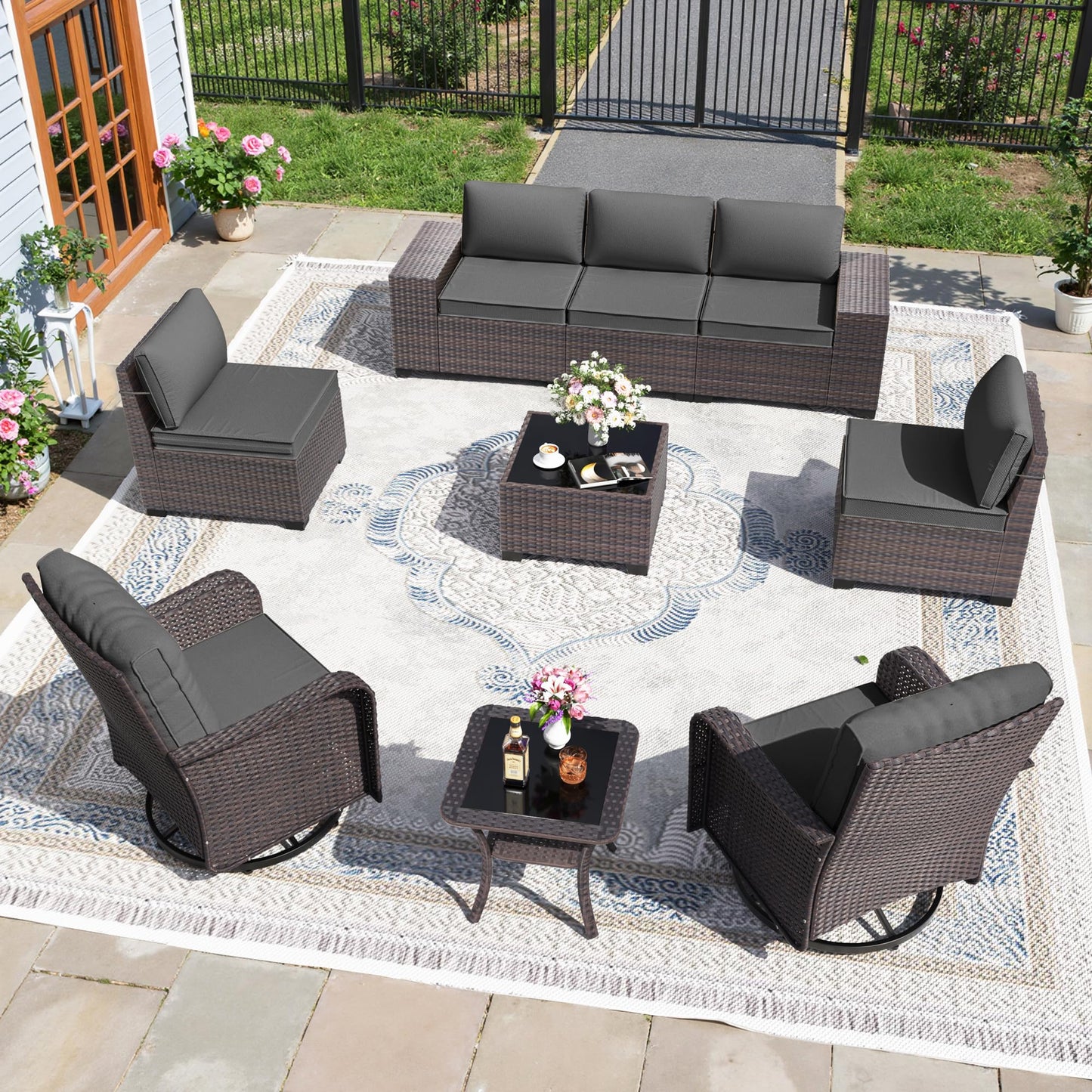 13 PCS Outdoor Patio Furniture Set,Outdoor Sectional Furniture with 43" 55000 BTU Gas Propane Fire Pit Table,All Weather PE Rattan Wicker Patio Conversation Set,Navy Blue