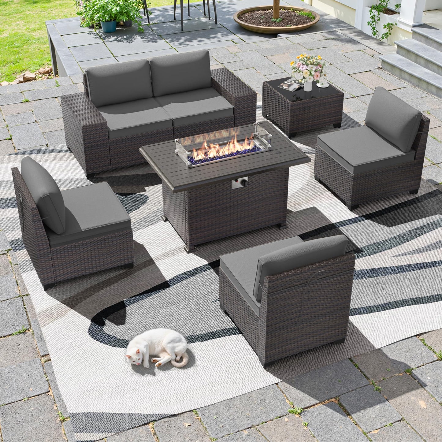 13 PCS Outdoor Patio Furniture Set,Outdoor Sectional Furniture with 43" 55000 BTU Gas Propane Fire Pit Table,All Weather PE Rattan Wicker Patio Conversation Set,Navy Blue