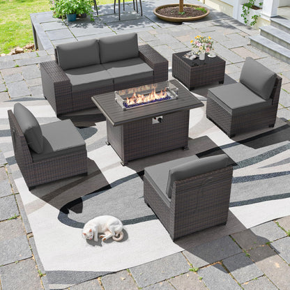 13 PCS Outdoor Patio Furniture Set,Outdoor Sectional Furniture with 43" 55000 BTU Gas Propane Fire Pit Table,All Weather PE Rattan Wicker Patio Conversation Set,Navy Blue