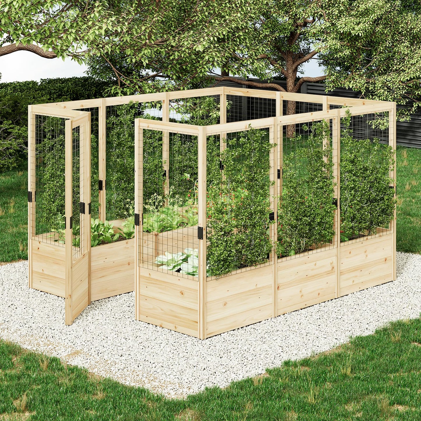 AMERLIFE Raised Garden Bed with Deer Proof Fence, 7.5Wx17Dx6H Outdoor Wooden Raised Garden Bed Planter with 19" Depth Planter Box