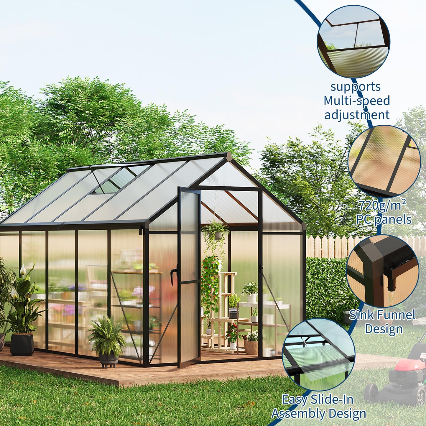 IDEALHOUSE 8×10 FT Greenhouse, Large Walk in Greenhouses for Outdoors and Garden Planting, Polycarbonate Greenhouse with Enhanced Aluminum Frame, Green Houses with Quick Setup Structure and Roof Vent
