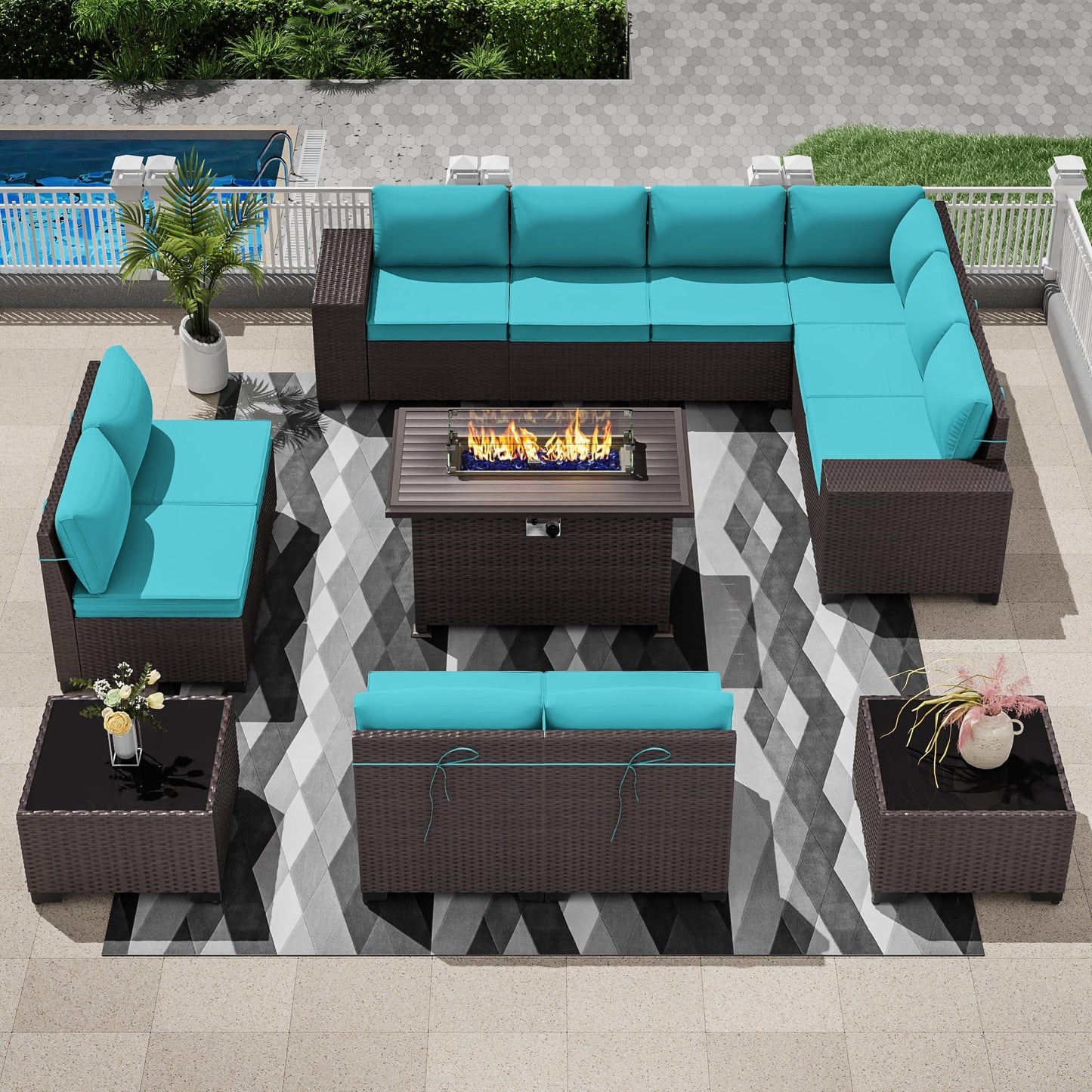 13 PCS Outdoor Patio Furniture Set,Outdoor Sectional Furniture with 43" 55000 BTU Gas Propane Fire Pit Table,All Weather PE Rattan Wicker Patio Conversation Set,Navy Blue
