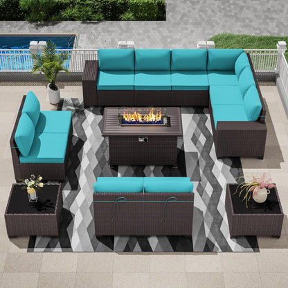 13 PCS Outdoor Patio Furniture Set,Outdoor Sectional Furniture with 43" 55000 BTU Gas Propane Fire Pit Table,All Weather PE Rattan Wicker Patio Conversation Set,Navy Blue