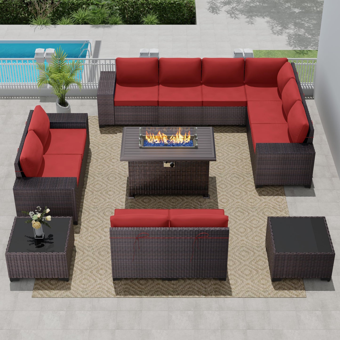 13 PCS Outdoor Patio Furniture Set,Outdoor Sectional Furniture with 43" 55000 BTU Gas Propane Fire Pit Table,All Weather PE Rattan Wicker Patio Conversation Set,Navy Blue