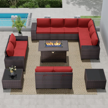 13 PCS Outdoor Patio Furniture Set,Outdoor Sectional Furniture with 43" 55000 BTU Gas Propane Fire Pit Table,All Weather PE Rattan Wicker Patio Conversation Set,Navy Blue