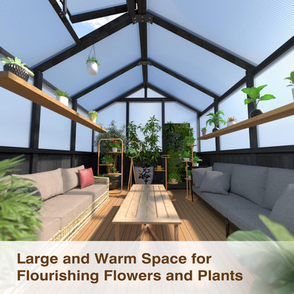 Yardenaler 8x16 FT Greenhouse for Outdoor, 6MM Thick Polycarbonate Panel Wooden Walk-in Green House with Adjustable Roof Vents and Lockable Door, Backyard Garden, Light Mocha Brown