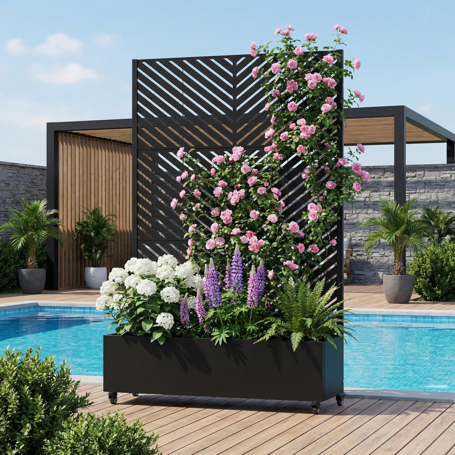 72" H Metal Raised Garden Bed with Trellis and Wheels, Privacy Screen Outdoor Planter Box with Decor Leaf Pattern, Large Mobile Vertical Planter for Patio, Balcony & Backyard