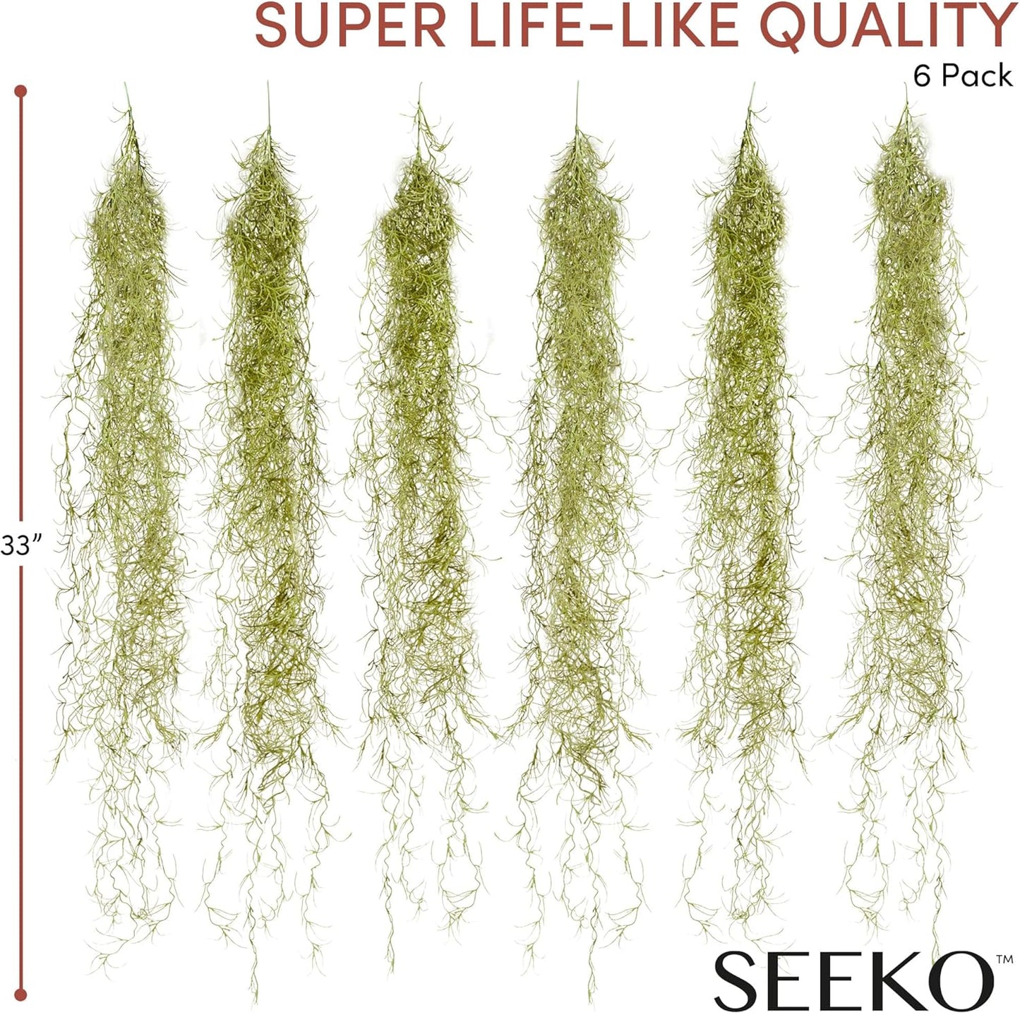 SEEKO Succulents Fake Spanish Moss 6 Pack, 33" – Premium Artificial & Faux Moss Decor