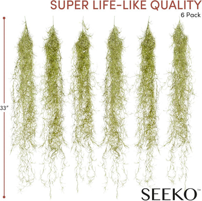 SEEKO Succulents Fake Spanish Moss 6 Pack, 33" – Premium Artificial & Faux Moss Decor