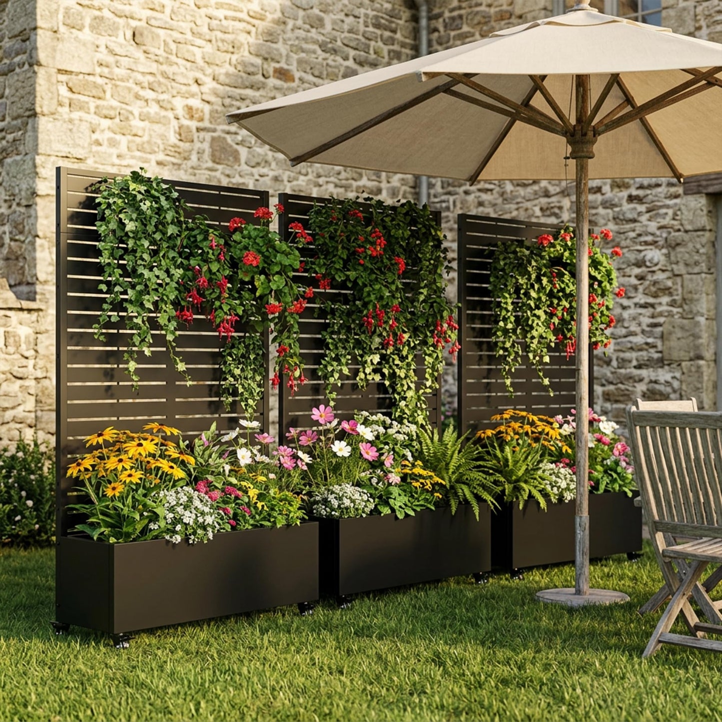 72" H Metal Raised Garden Bed with Trellis and Wheels, Privacy Screen Outdoor Planter Box with Decor Leaf Pattern, Large Mobile Vertical Planter for Patio, Balcony & Backyard