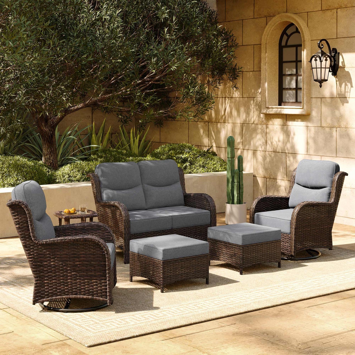 HILLGA 7-Piece Luxury Patio Furniture Set with 6" Thick Cushions, Weather-Resistant Wicker High Back Swivel Rocker Chairs, Senior-Friendly Outdoor Sofa Set for Large Deck, Yard and Poolside, Beige(V2)