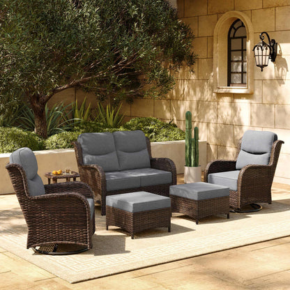 HILLGA 7-Piece Luxury Patio Furniture Set with 6" Thick Cushions, Weather-Resistant Wicker High Back Swivel Rocker Chairs, Senior-Friendly Outdoor Sofa Set for Large Deck, Yard and Poolside, Beige(V2)
