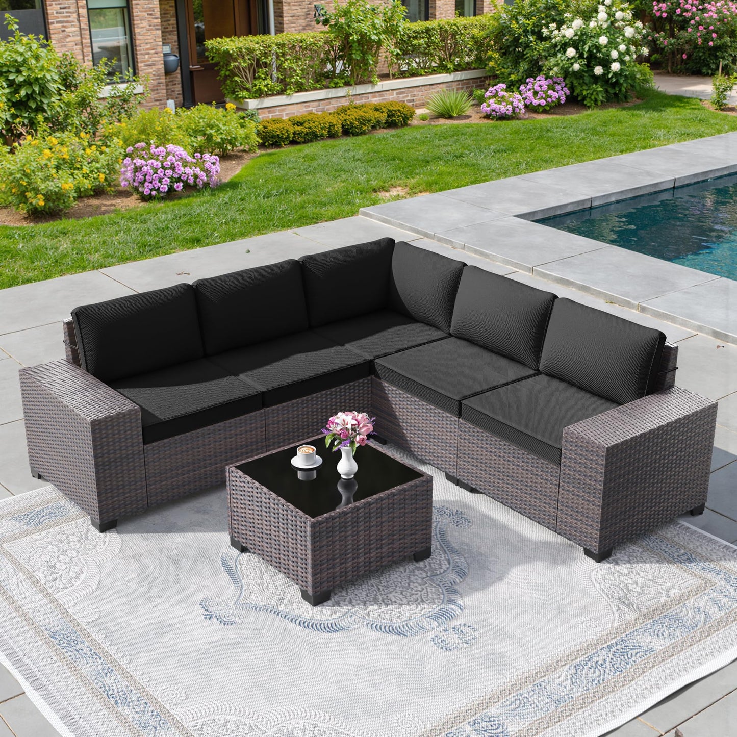 13 PCS Outdoor Patio Furniture Set,Outdoor Sectional Furniture with 43" 55000 BTU Gas Propane Fire Pit Table,All Weather PE Rattan Wicker Patio Conversation Set,Navy Blue