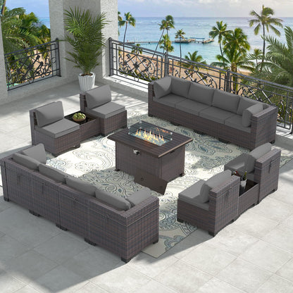 13 PCS Outdoor Patio Furniture Set,Outdoor Sectional Furniture with 43" 55000 BTU Gas Propane Fire Pit Table,All Weather PE Rattan Wicker Patio Conversation Set,Navy Blue