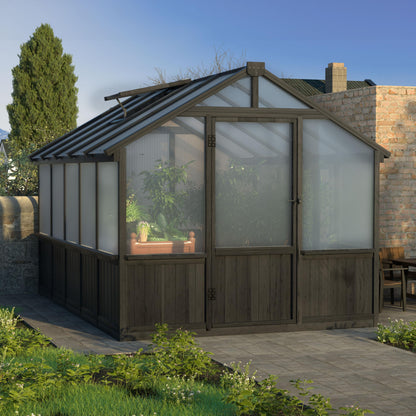 Yardenaler 8x16 FT Greenhouse for Outdoor, 6MM Thick Polycarbonate Panel Wooden Walk-in Green House with Adjustable Roof Vents and Lockable Door, Backyard Garden, Light Mocha Brown