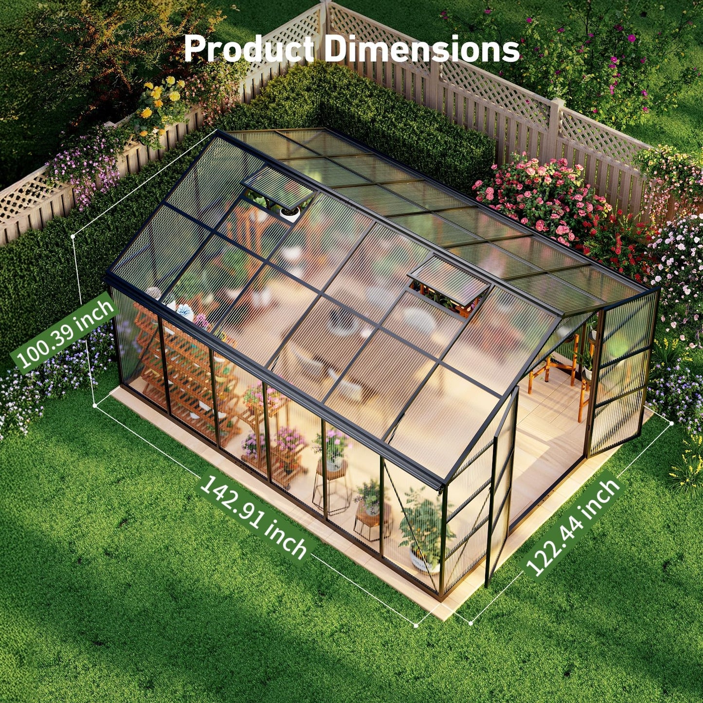 12x12 FT T-Shape Greenhouses, Polycarbonate Green House with UV Protection, Heavy Duty Greenhouse with Windproof Aluminum Frame, Roof Vent & Quick-Install Design for Backyard or Garden Use
