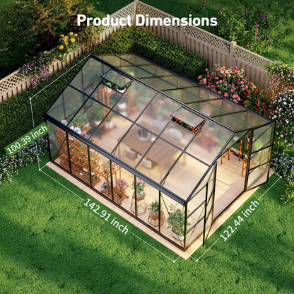 12x12 FT T-Shape Greenhouses, Polycarbonate Green House with UV Protection, Heavy Duty Greenhouse with Windproof Aluminum Frame, Roof Vent & Quick-Install Design for Backyard or Garden Use