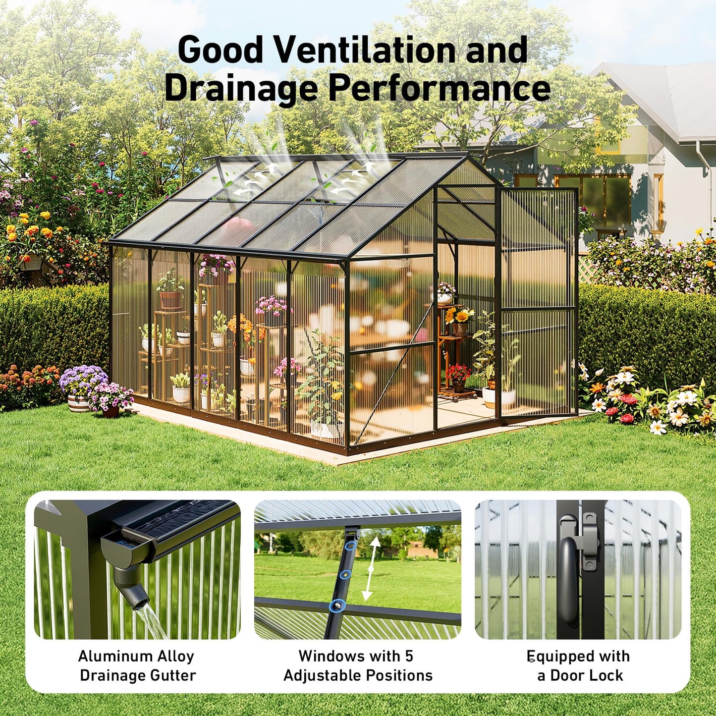 12x12 FT T-Shape Greenhouses, Polycarbonate Green House with UV Protection, Heavy Duty Greenhouse with Windproof Aluminum Frame, Roof Vent & Quick-Install Design for Backyard or Garden Use