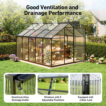12x12 FT T-Shape Greenhouses, Polycarbonate Green House with UV Protection, Heavy Duty Greenhouse with Windproof Aluminum Frame, Roof Vent & Quick-Install Design for Backyard or Garden Use