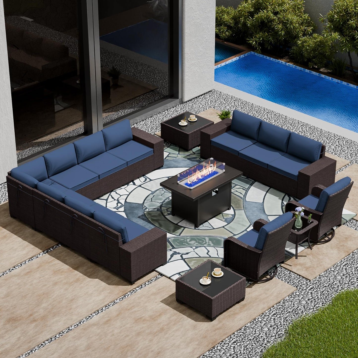 13 PCS Outdoor Patio Furniture Set,Outdoor Sectional Furniture with 43" 55000 BTU Gas Propane Fire Pit Table,All Weather PE Rattan Wicker Patio Conversation Set,Navy Blue