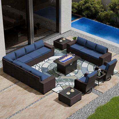 13 PCS Outdoor Patio Furniture Set,Outdoor Sectional Furniture with 43" 55000 BTU Gas Propane Fire Pit Table,All Weather PE Rattan Wicker Patio Conversation Set,Navy Blue