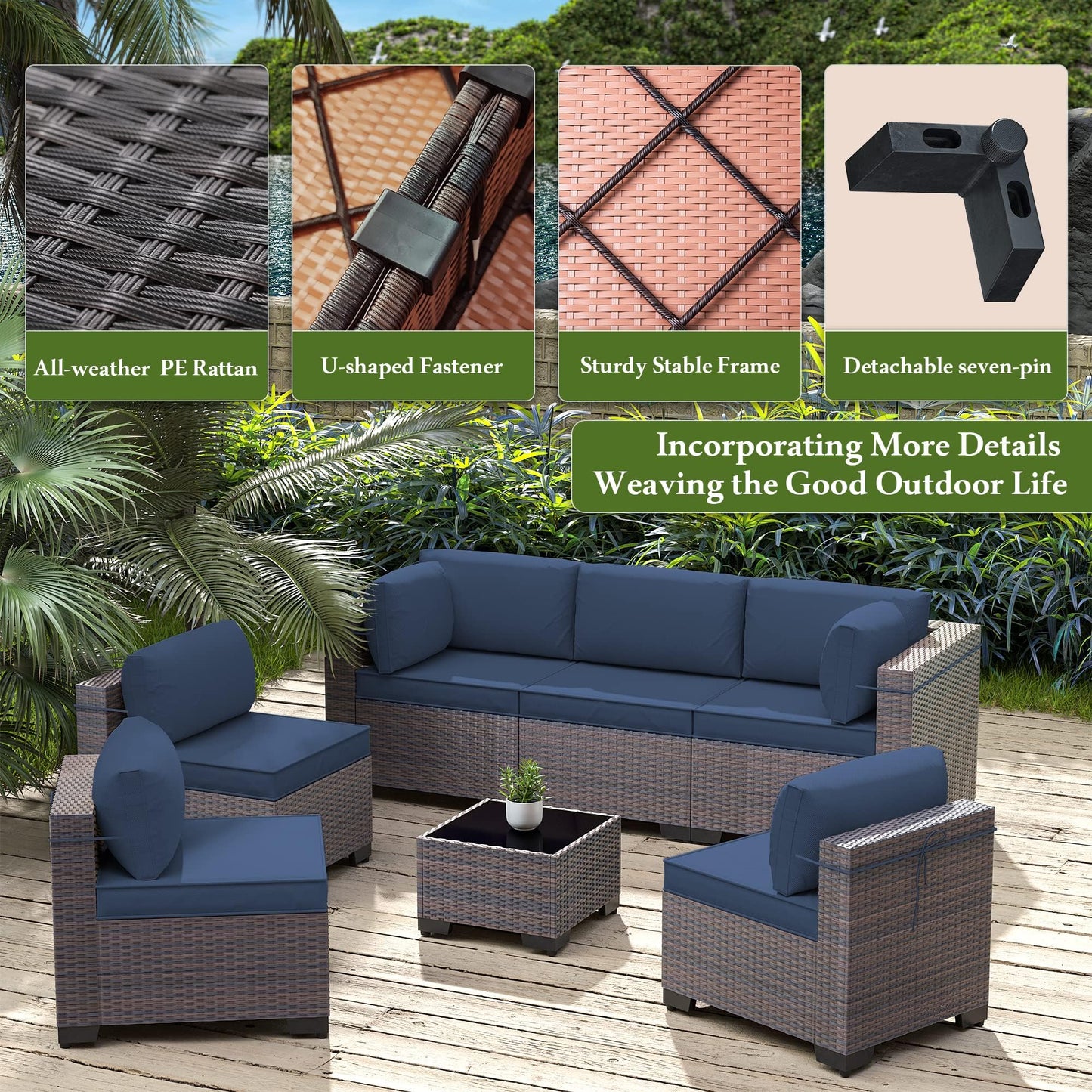 13 PCS Outdoor Patio Furniture Set,Outdoor Sectional Furniture with 43" 55000 BTU Gas Propane Fire Pit Table,All Weather PE Rattan Wicker Patio Conversation Set,Navy Blue