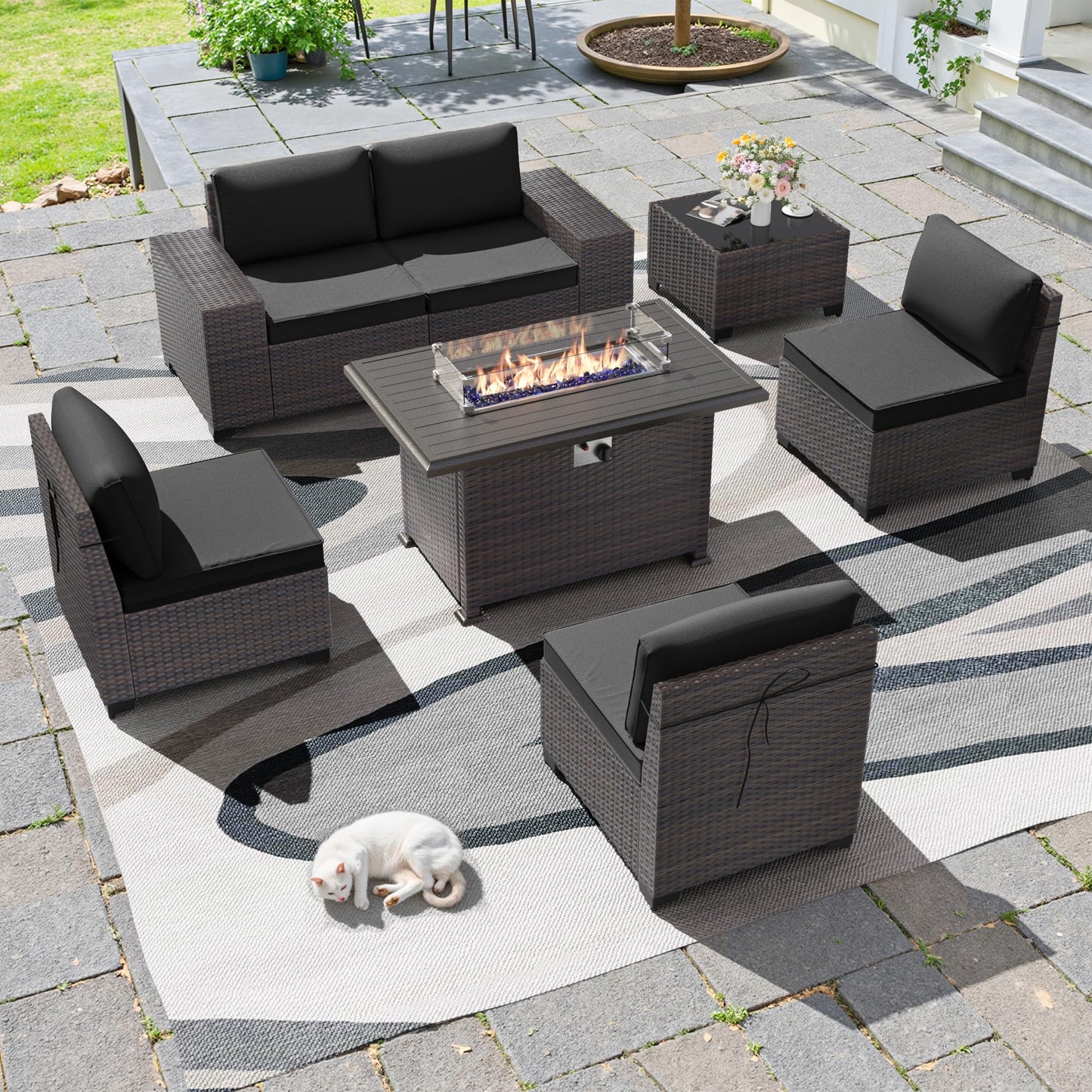 13 PCS Outdoor Patio Furniture Set,Outdoor Sectional Furniture with 43" 55000 BTU Gas Propane Fire Pit Table,All Weather PE Rattan Wicker Patio Conversation Set,Navy Blue