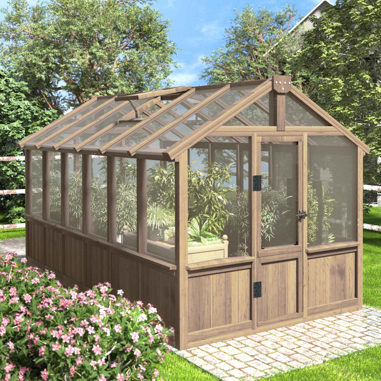 Yardenaler 8x16 FT Greenhouse for Outdoor, 6MM Thick Polycarbonate Panel Wooden Walk-in Green House with Adjustable Roof Vents and Lockable Door, Backyard Garden, Light Mocha Brown