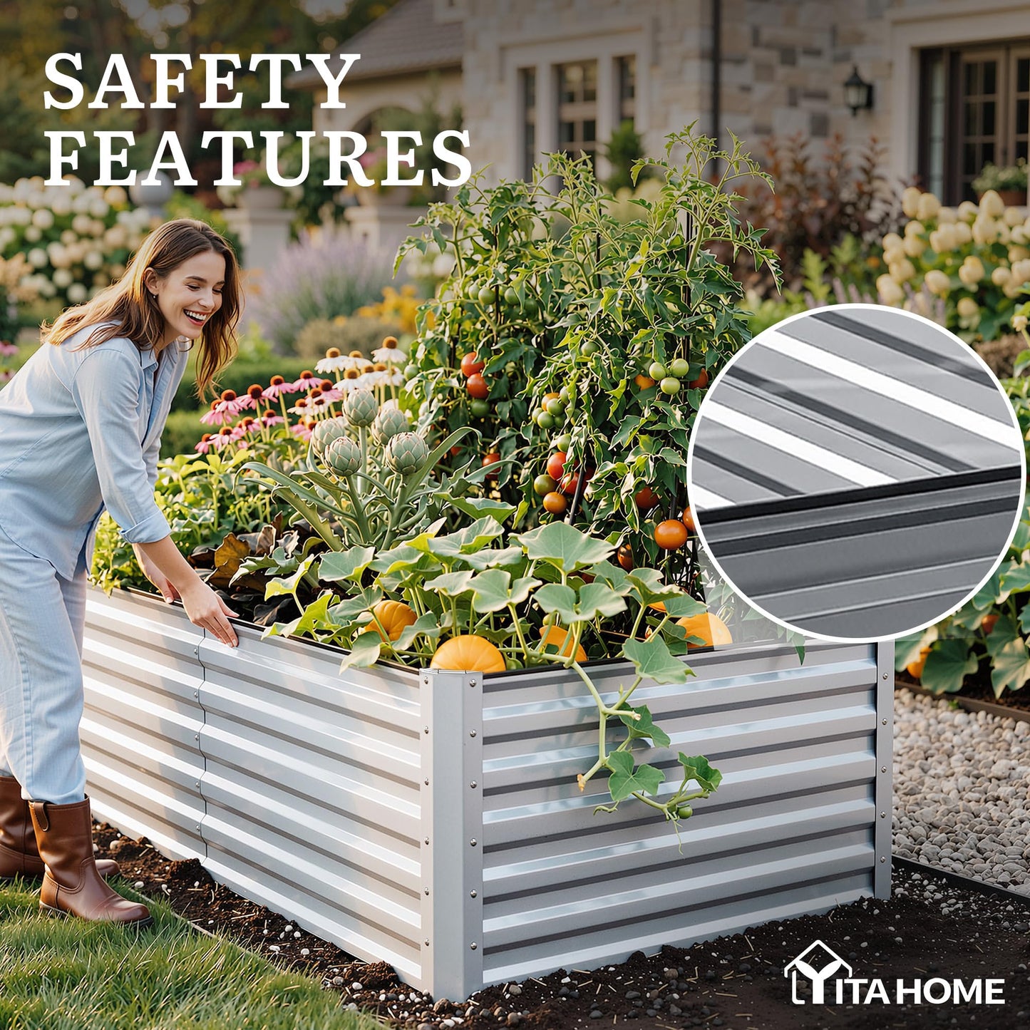 YITAHOME 6pcs 8x4x2 ft Galvanized Raised Garden Bed Kit, Large Metal Planter Box with Gloves, Safety Rubber & Support Rod, Outdoor Flower Bed for Plants Vegetables, Green