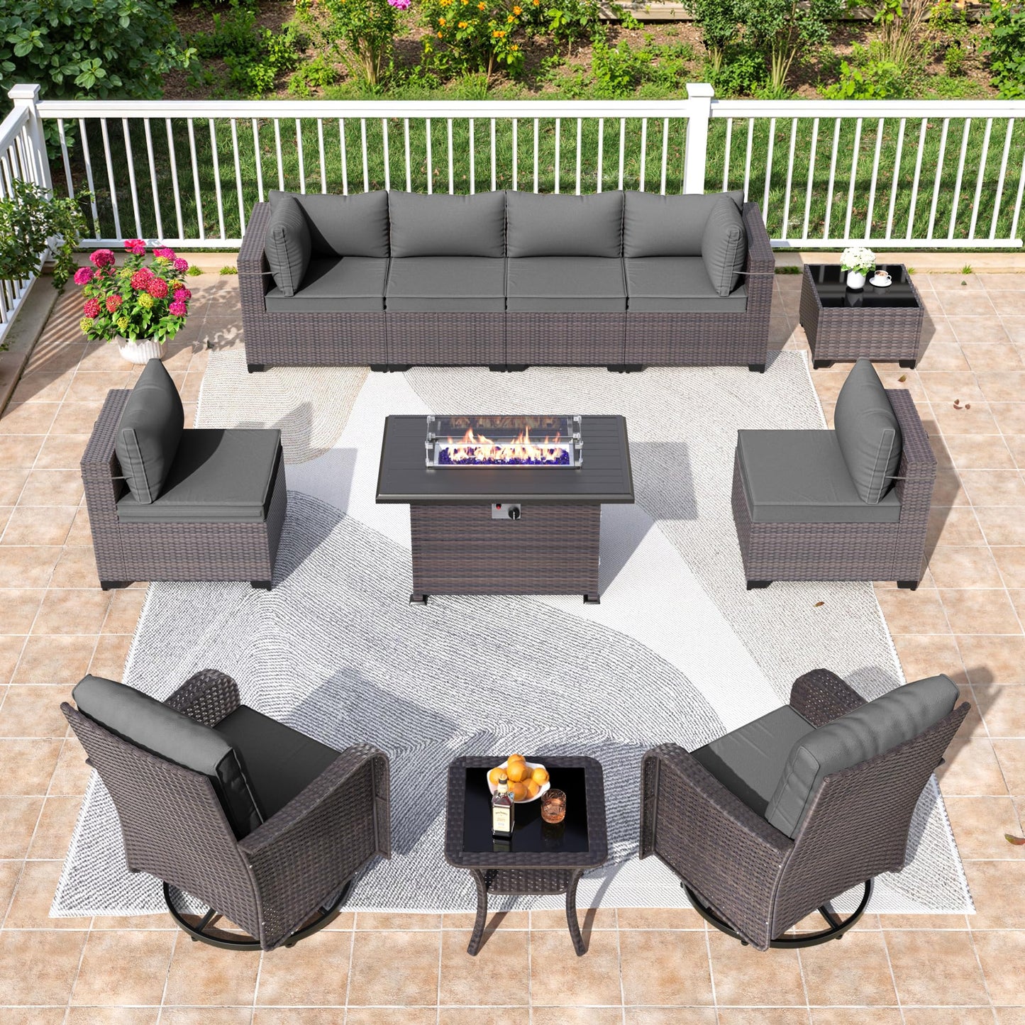 13 PCS Outdoor Patio Furniture Set,Outdoor Sectional Furniture with 43" 55000 BTU Gas Propane Fire Pit Table,All Weather PE Rattan Wicker Patio Conversation Set,Navy Blue