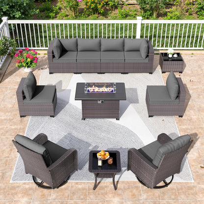 13 PCS Outdoor Patio Furniture Set,Outdoor Sectional Furniture with 43" 55000 BTU Gas Propane Fire Pit Table,All Weather PE Rattan Wicker Patio Conversation Set,Navy Blue