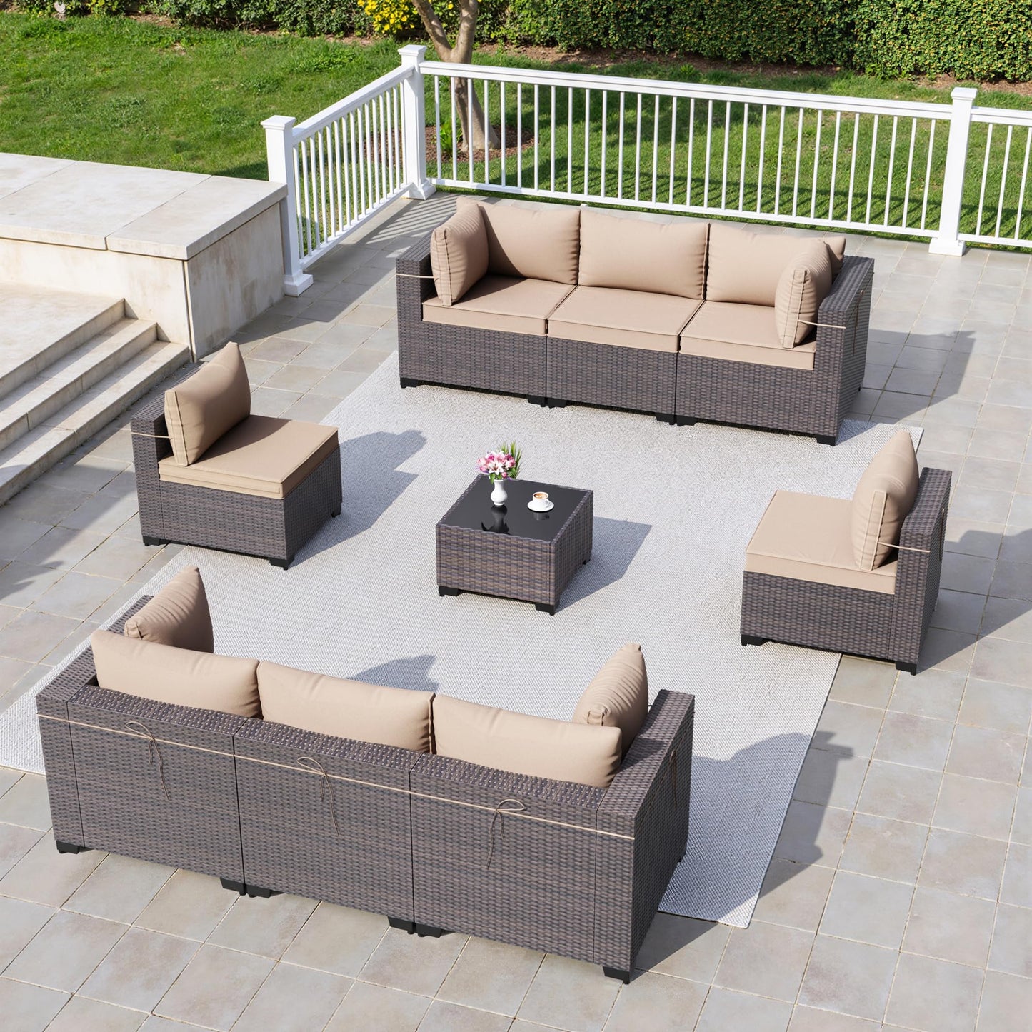 13 PCS Outdoor Patio Furniture Set,Outdoor Sectional Furniture with 43" 55000 BTU Gas Propane Fire Pit Table,All Weather PE Rattan Wicker Patio Conversation Set,Navy Blue