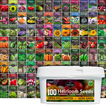 Survival Farmer Seed Vault – 100 Pack of Heirloom Vegetable Seeds for Planting – Non-GMO Vegetables, Fruits, Herbs – Sealed Kit for Long-Term Emergency Storage – Survival Garden Seeds