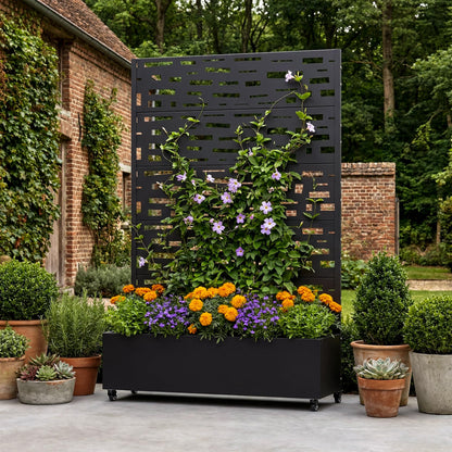 72" H Metal Raised Garden Bed with Trellis and Wheels, Privacy Screen Outdoor Planter Box with Decor Leaf Pattern, Large Mobile Vertical Planter for Patio, Balcony & Backyard