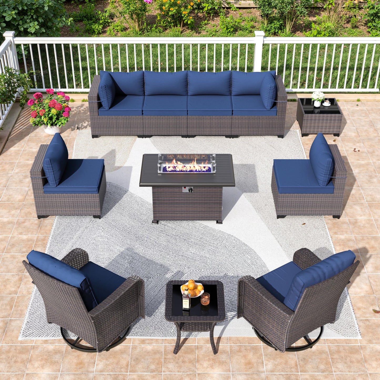 13 PCS Outdoor Patio Furniture Set,Outdoor Sectional Furniture with 43" 55000 BTU Gas Propane Fire Pit Table,All Weather PE Rattan Wicker Patio Conversation Set,Navy Blue
