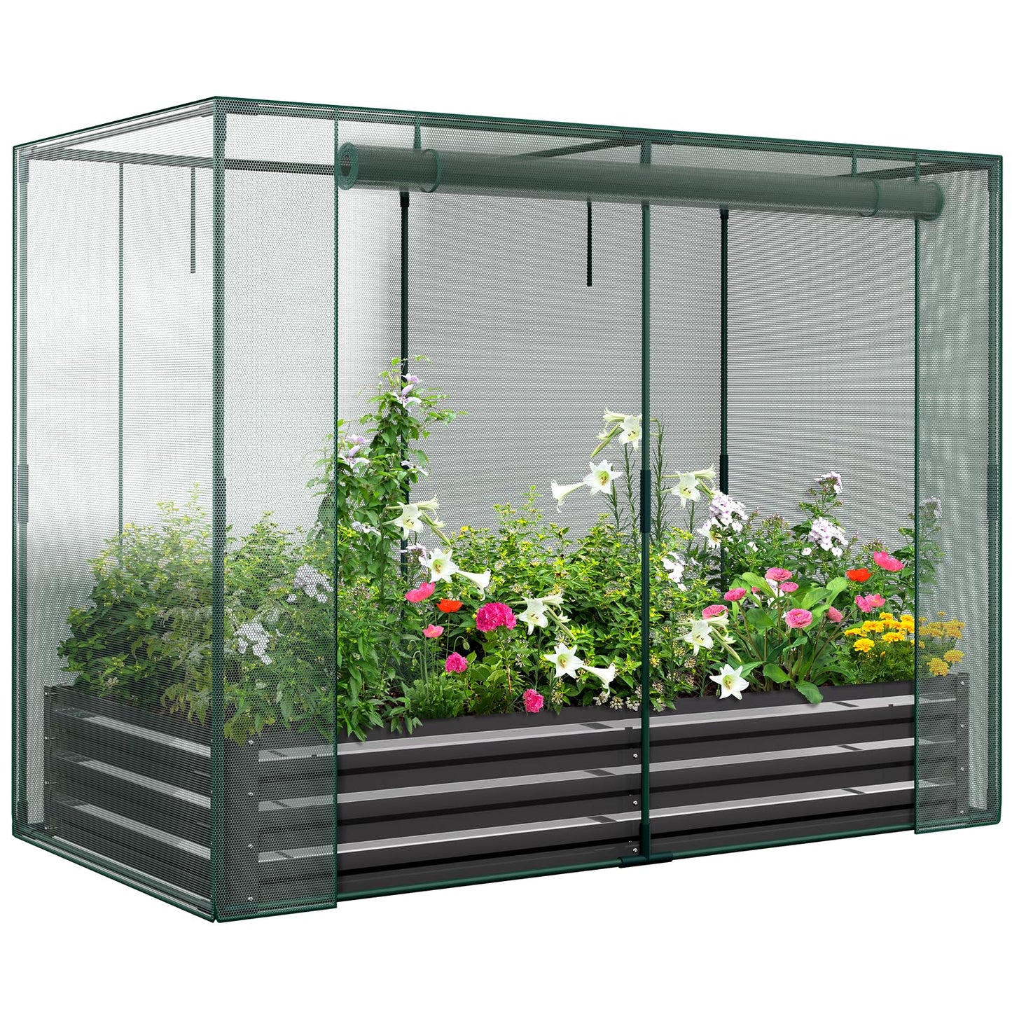 Galvanized Raised Garden Bed with Crop Cage Plant Protection Net Tent Kit for Garden Plant, 71"x35.4"x 59" Plants Protection Tent Cage Metal Planter Box Bottomless Planting Vegetables Outdoor