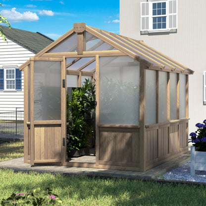 Yardenaler 8x16 FT Greenhouse for Outdoor, 6MM Thick Polycarbonate Panel Wooden Walk-in Green House with Adjustable Roof Vents and Lockable Door, Backyard Garden, Light Mocha Brown