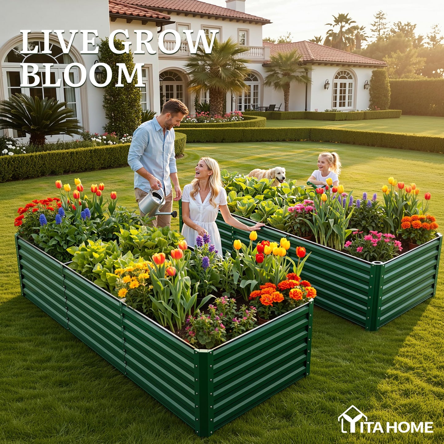 YITAHOME 6pcs 8x4x2 ft Galvanized Raised Garden Bed Kit, Large Metal Planter Box with Gloves, Safety Rubber & Support Rod, Outdoor Flower Bed for Plants Vegetables, Green