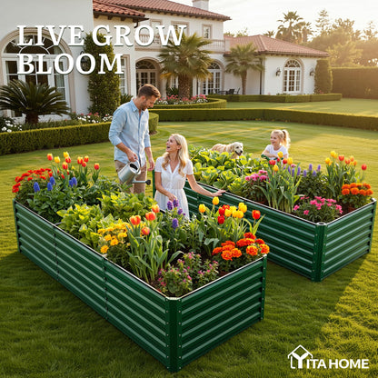YITAHOME 6pcs 8x4x2 ft Galvanized Raised Garden Bed Kit, Large Metal Planter Box with Gloves, Safety Rubber & Support Rod, Outdoor Flower Bed for Plants Vegetables, Green