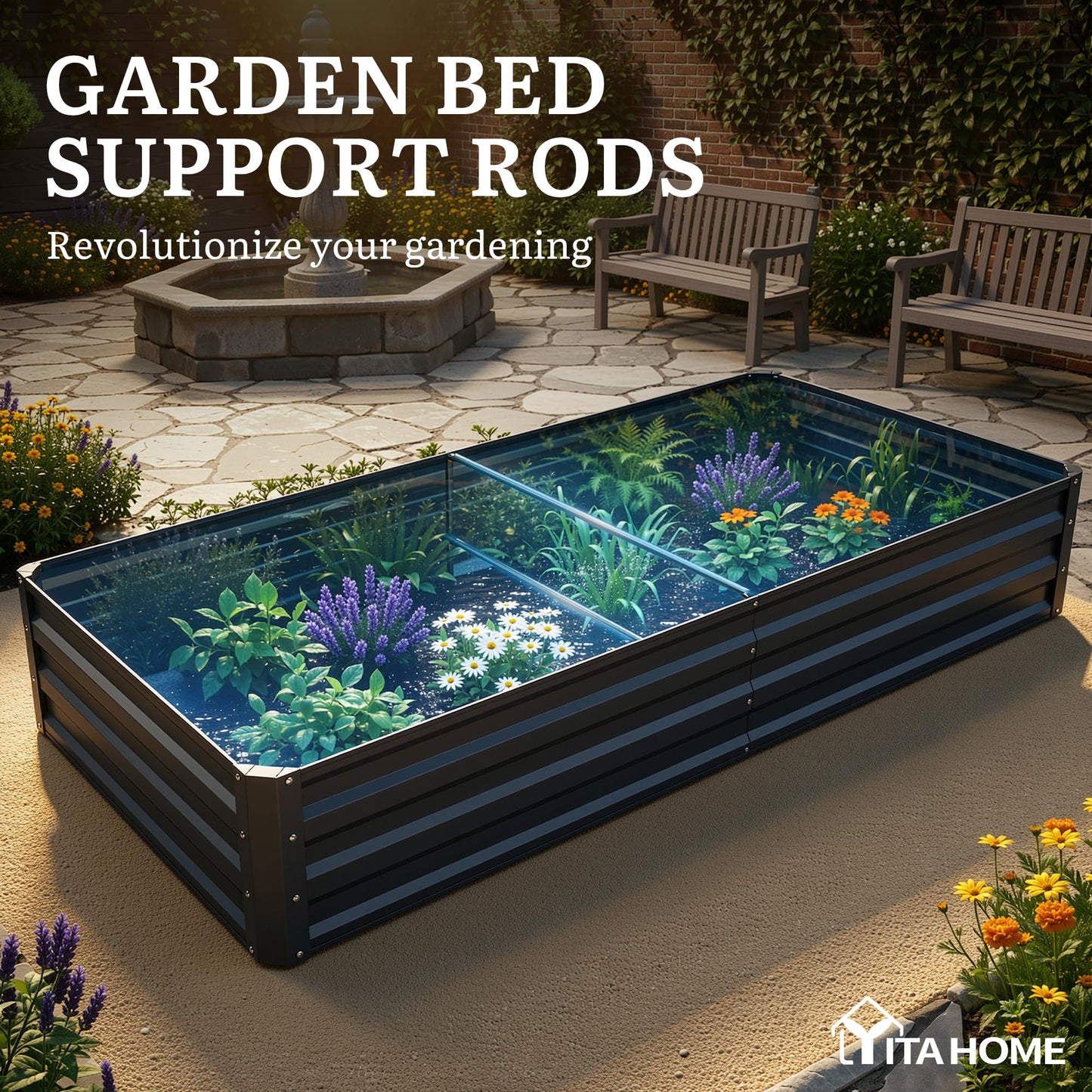 YITAHOME 6pcs 8x4x2 ft Galvanized Raised Garden Bed Kit, Large Metal Planter Box with Gloves, Safety Rubber & Support Rod, Outdoor Flower Bed for Plants Vegetables, Green