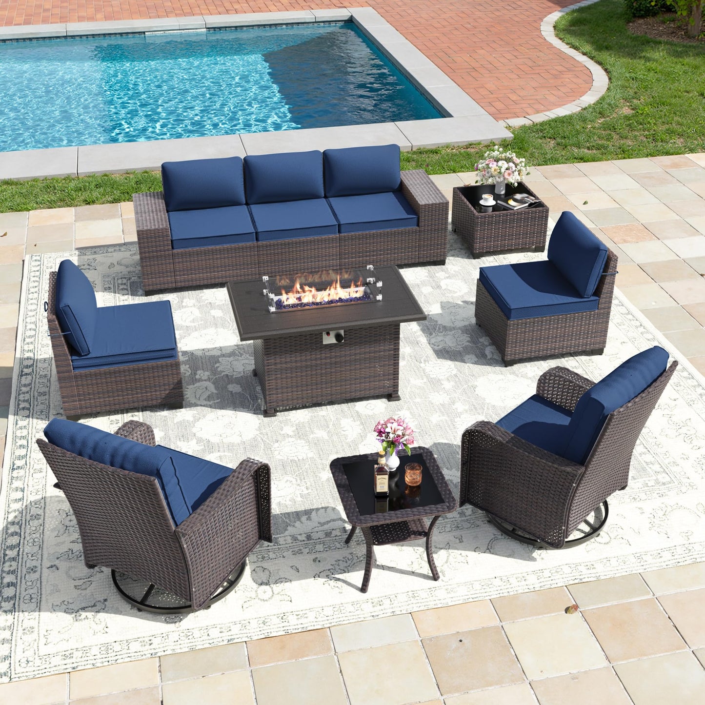 13 PCS Outdoor Patio Furniture Set,Outdoor Sectional Furniture with 43" 55000 BTU Gas Propane Fire Pit Table,All Weather PE Rattan Wicker Patio Conversation Set,Navy Blue