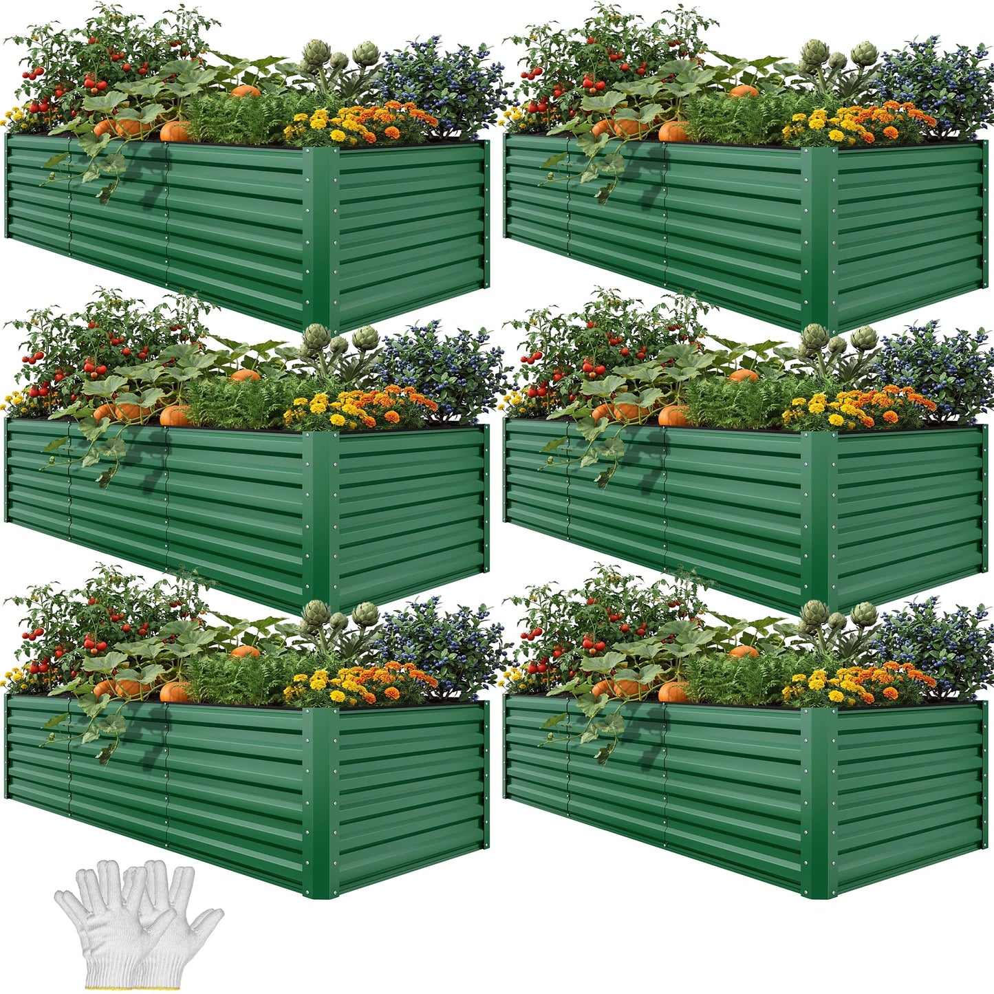 YITAHOME 6pcs 8x4x2 ft Galvanized Raised Garden Bed Kit, Large Metal Planter Box with Gloves, Safety Rubber & Support Rod, Outdoor Flower Bed for Plants Vegetables, Green