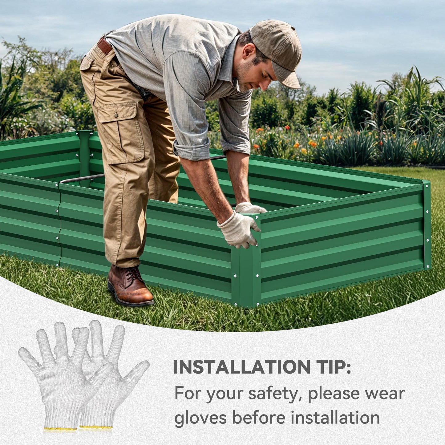 YITAHOME 6pcs 8x4x2 ft Galvanized Raised Garden Bed Kit, Large Metal Planter Box with Gloves, Safety Rubber & Support Rod, Outdoor Flower Bed for Plants Vegetables, Green
