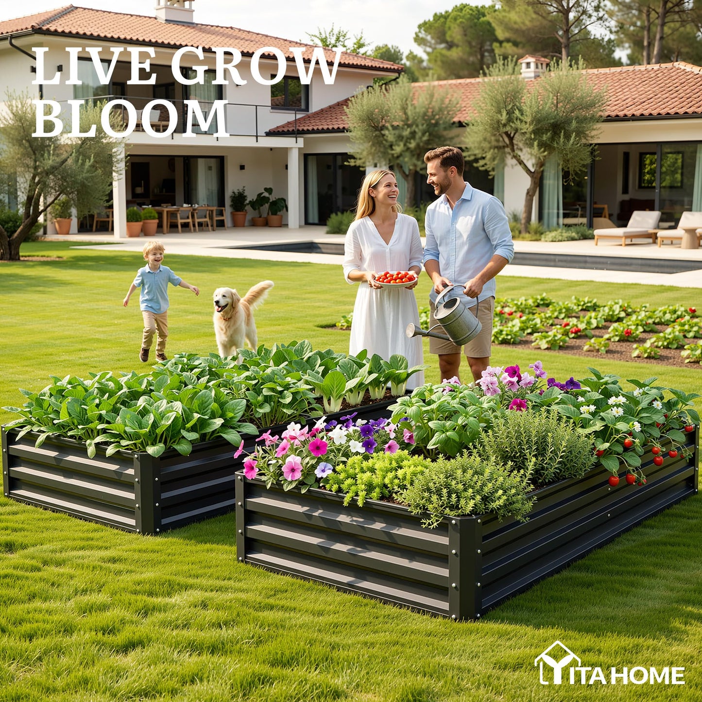 YITAHOME 6pcs 8x4x2 ft Galvanized Raised Garden Bed Kit, Large Metal Planter Box with Gloves, Safety Rubber & Support Rod, Outdoor Flower Bed for Plants Vegetables, Green
