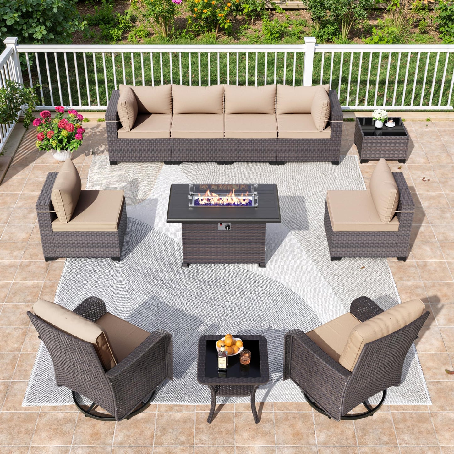 13 PCS Outdoor Patio Furniture Set,Outdoor Sectional Furniture with 43" 55000 BTU Gas Propane Fire Pit Table,All Weather PE Rattan Wicker Patio Conversation Set,Navy Blue
