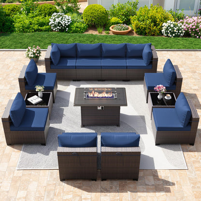13 PCS Outdoor Patio Furniture Set,Outdoor Sectional Furniture with 43" 55000 BTU Gas Propane Fire Pit Table,All Weather PE Rattan Wicker Patio Conversation Set,Navy Blue