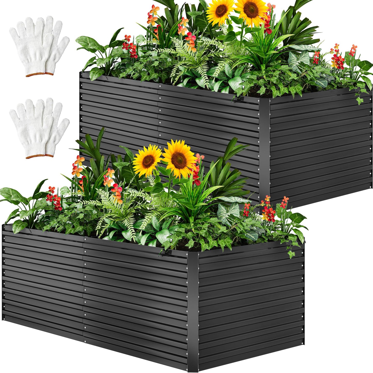 YITAHOME 8x4x1.5ft 2pcs Large Raised Garden Bed Kit, Galvanized Metal Planter Box with Gloves, Outdoor Above Ground Planters for Plants Vegetables Flowers, Silver